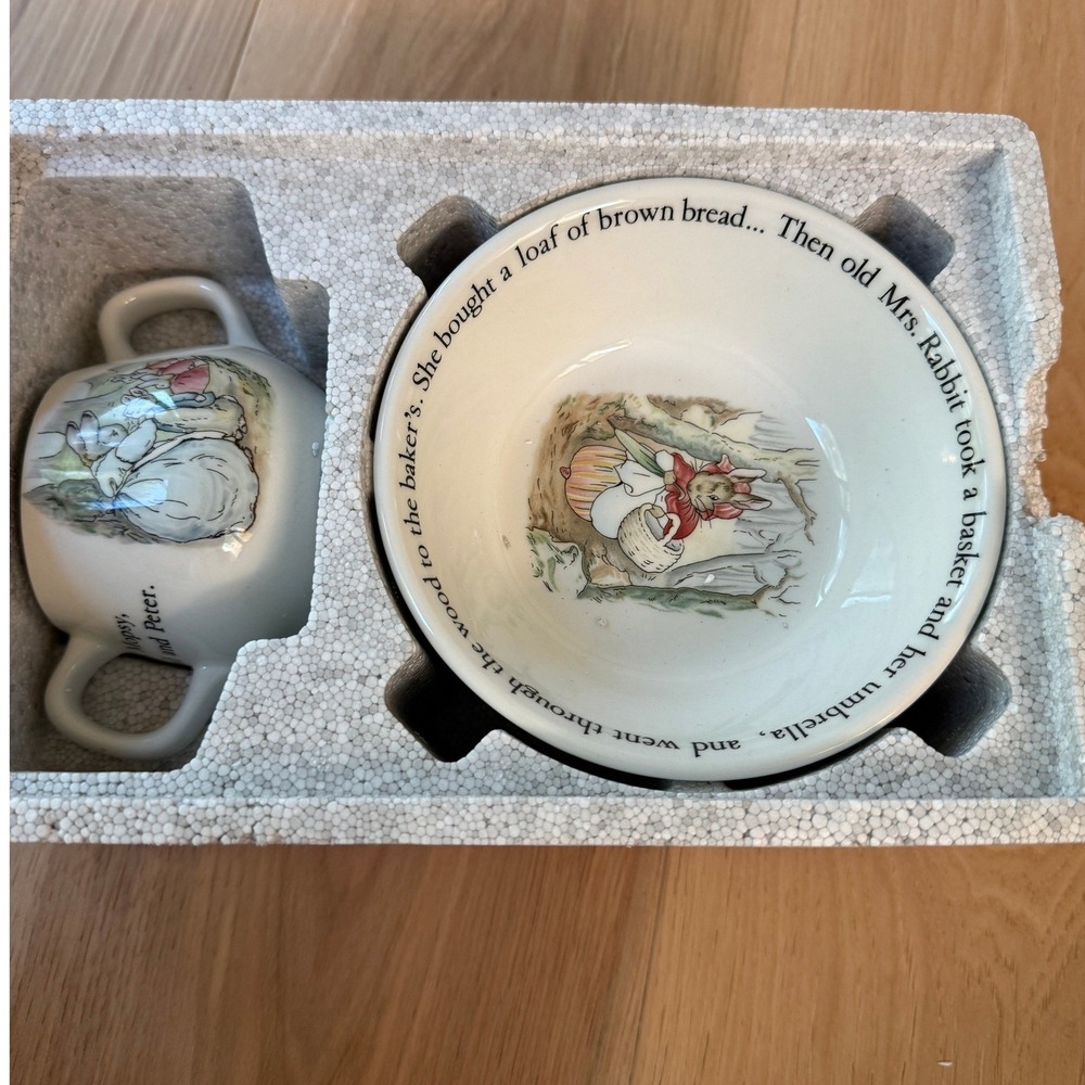 Wedgwood Peter Rabbit 2 Piece vintage Set White China Mug and Oatmeal Bowl Boxed